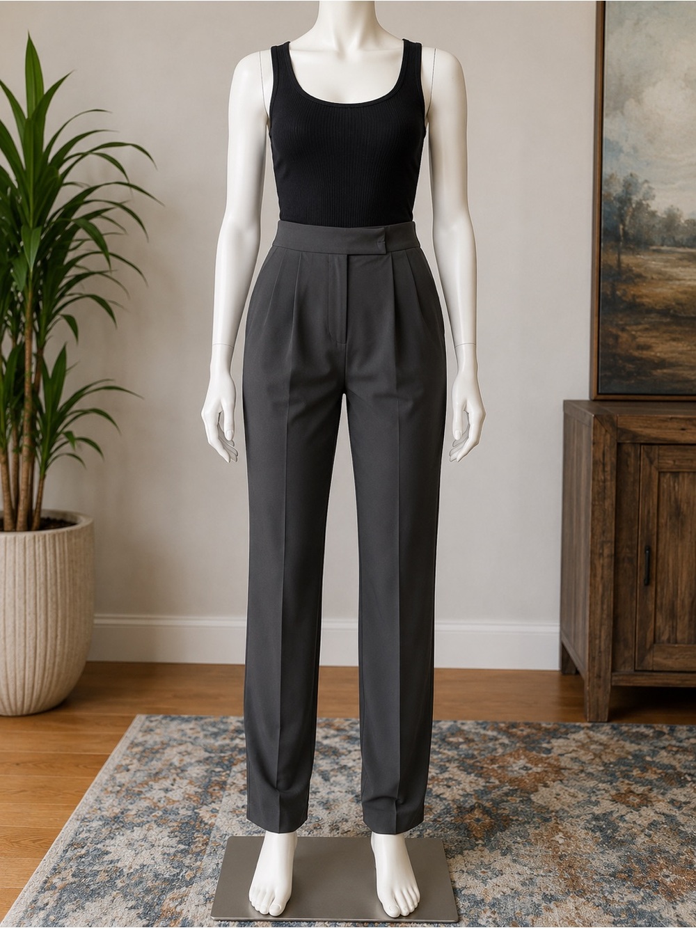 Athleta Charcoal Straight-Leg Pleated Trousers Zip Ankle